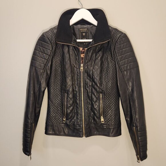 Guess Vegan Leather Jacket Black Quilted Moto Style Lined - Size S - Picture 1 of 10